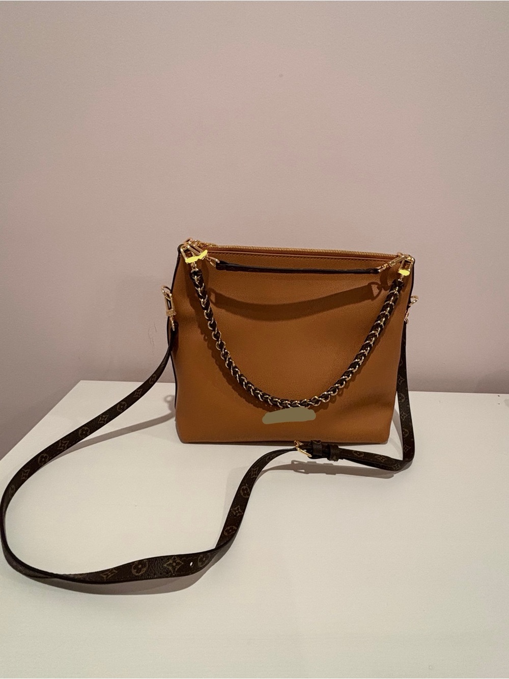 Chain-Accent Crossbody Bag in Tan